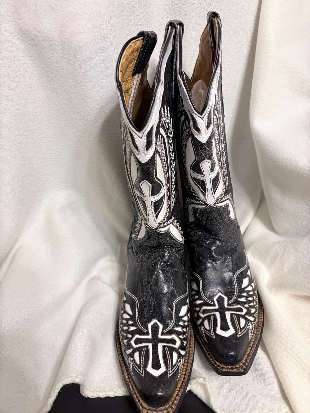 JB Dillon Cross Winged Inlay Western Cowgirl Boots Black Goat Leather